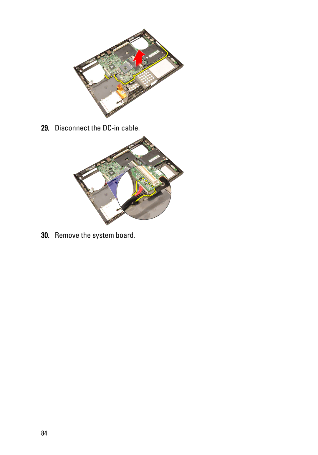 Dell M4600 owner manual Disconnect the DC-in cable Remove the system board 