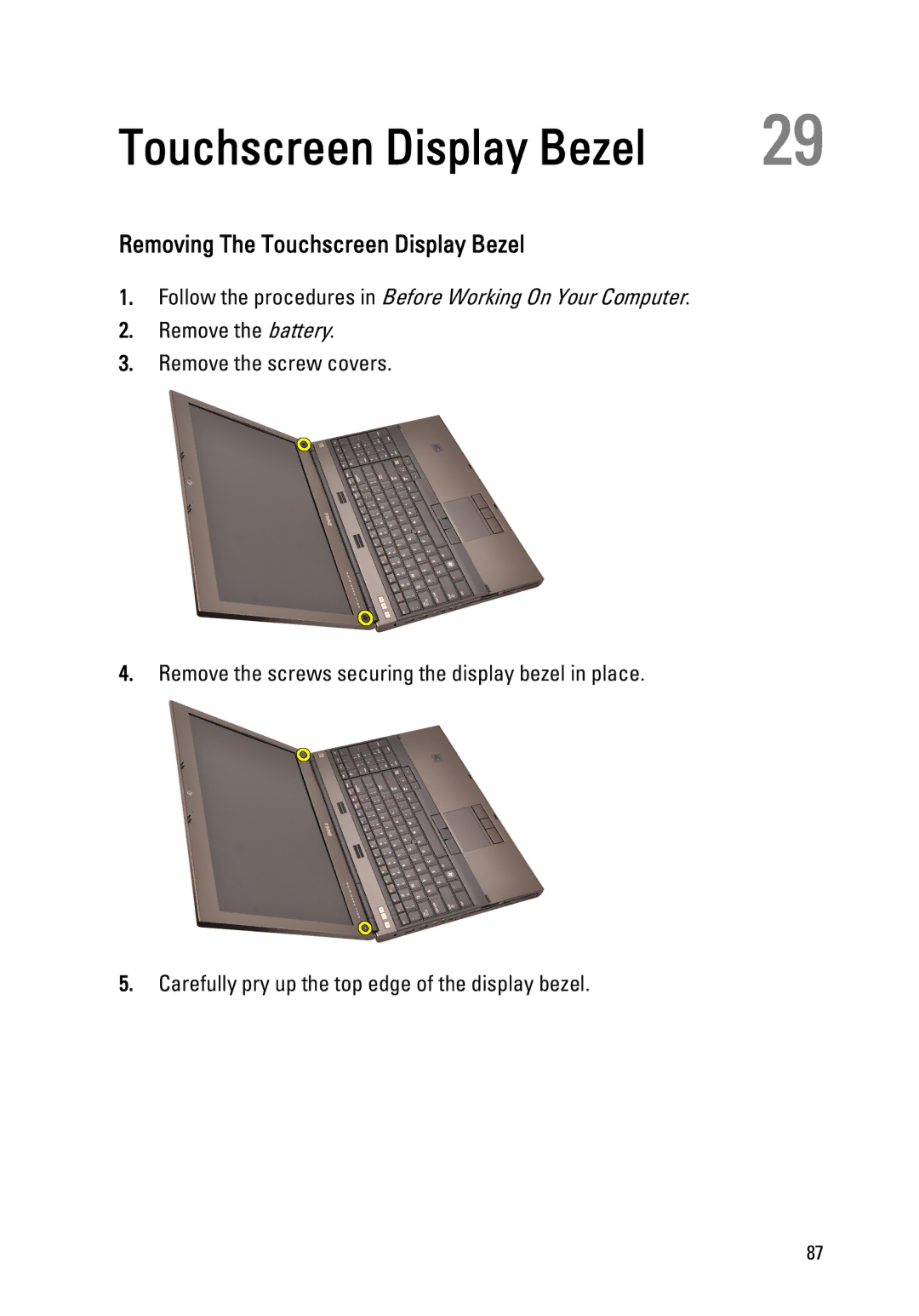 Dell M4600 owner manual Removing The Touchscreen Display Bezel 