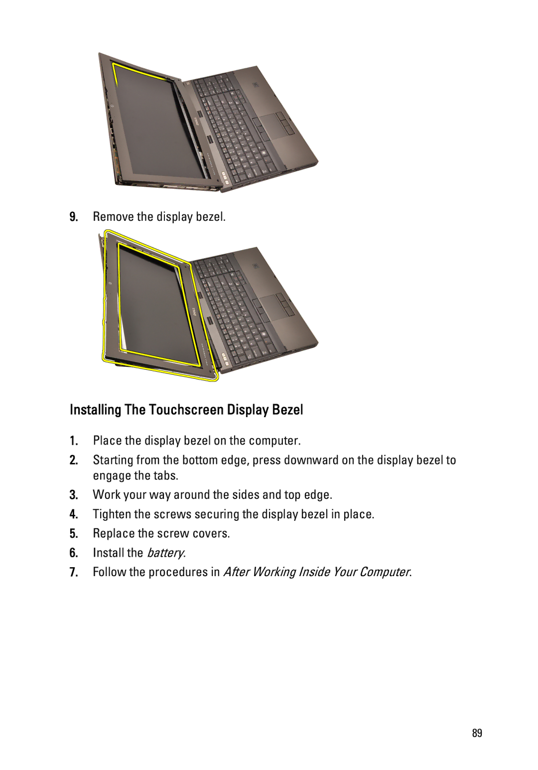 Dell M4600 owner manual Installing The Touchscreen Display Bezel 