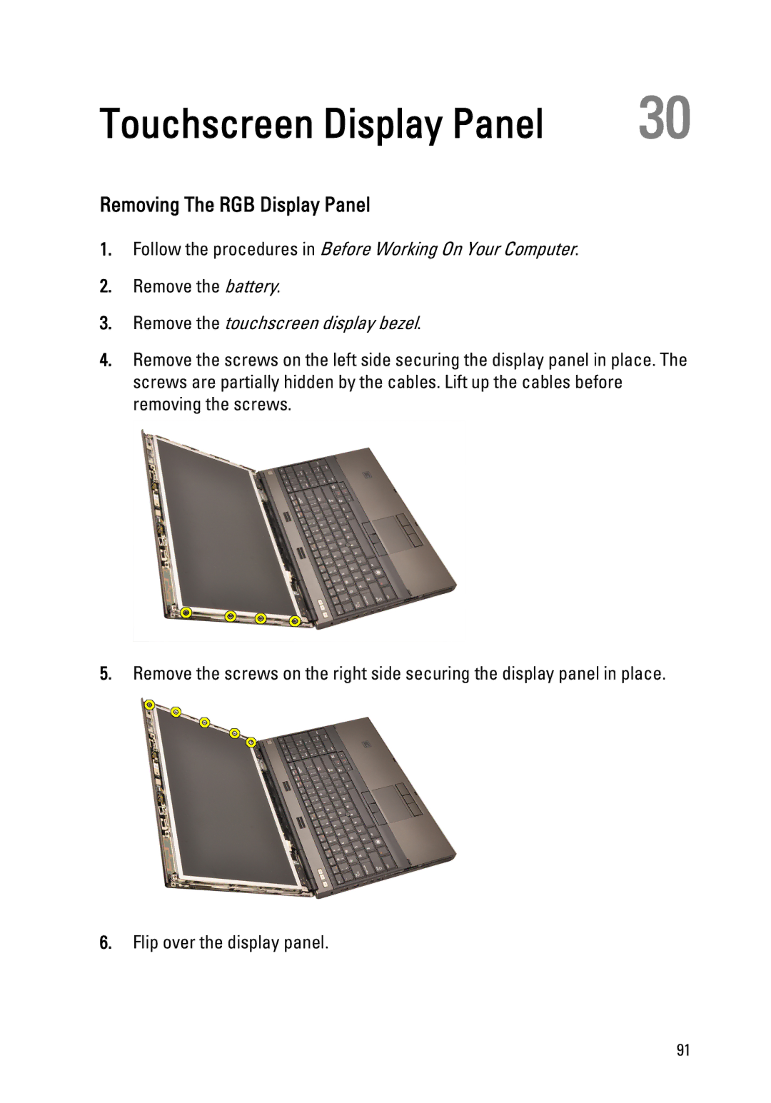 Dell M4600 owner manual Touchscreen Display Panel, Removing The RGB Display Panel 