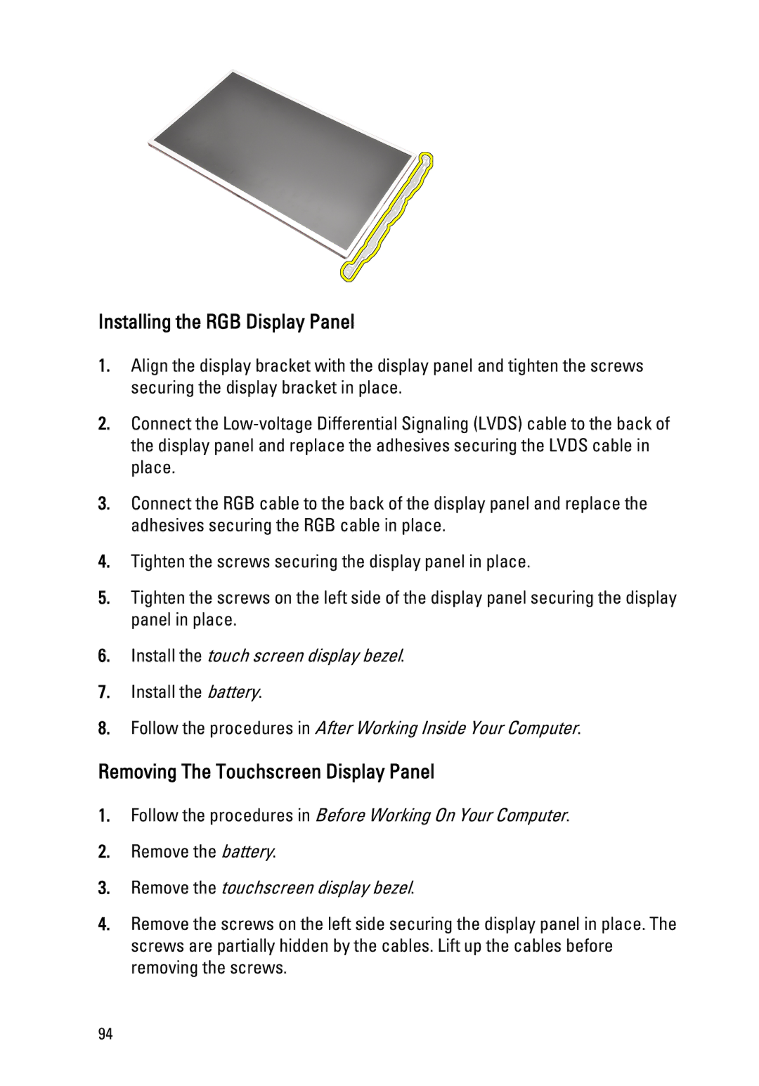 Dell M4600 owner manual Installing the RGB Display Panel, Removing The Touchscreen Display Panel 