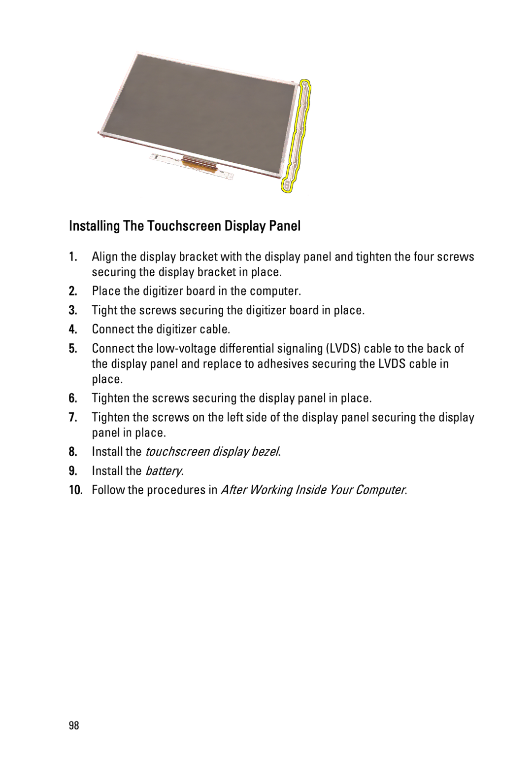 Dell M4600 owner manual Installing The Touchscreen Display Panel 