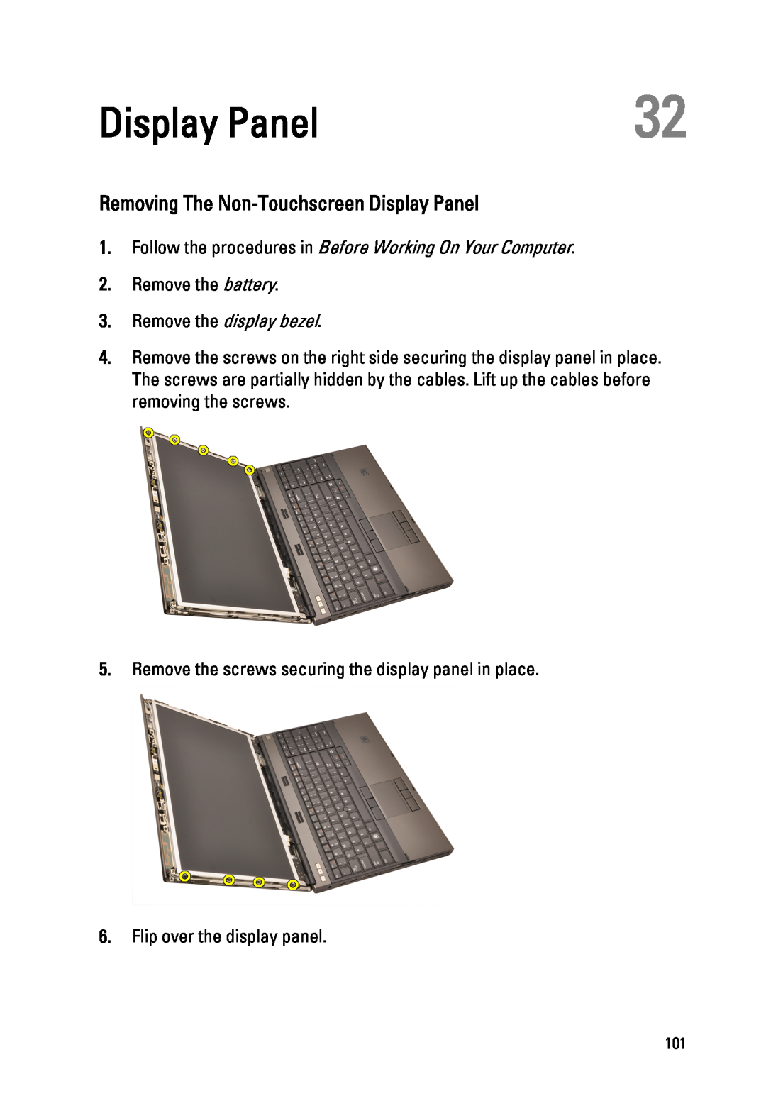 Dell M4600 owner manual Removing The Non-Touchscreen Display Panel, Remove the display bezel 