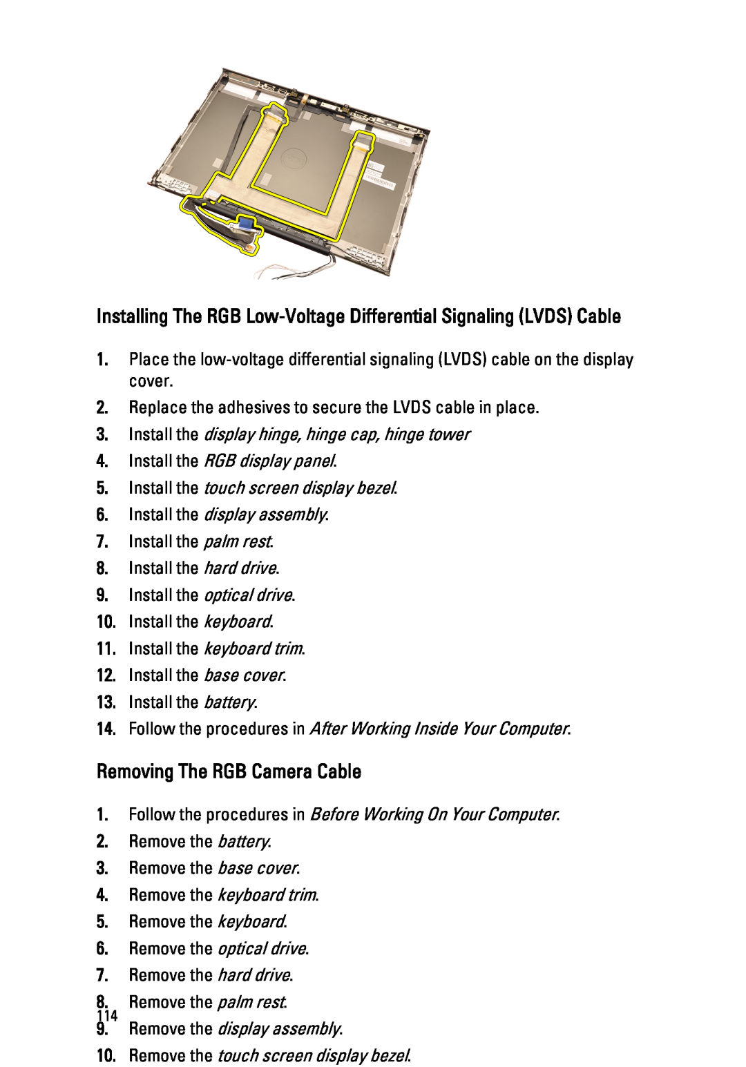 Dell M4600 owner manual Installing The RGB Low-Voltage Differential Signaling LVDS Cable, Removing The RGB Camera Cable 