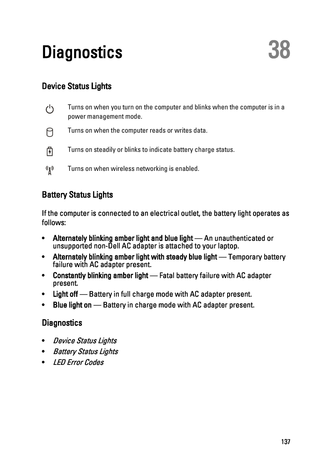 Dell M4600 owner manual Diagnostics38, Device Status Lights, Battery Status Lights 