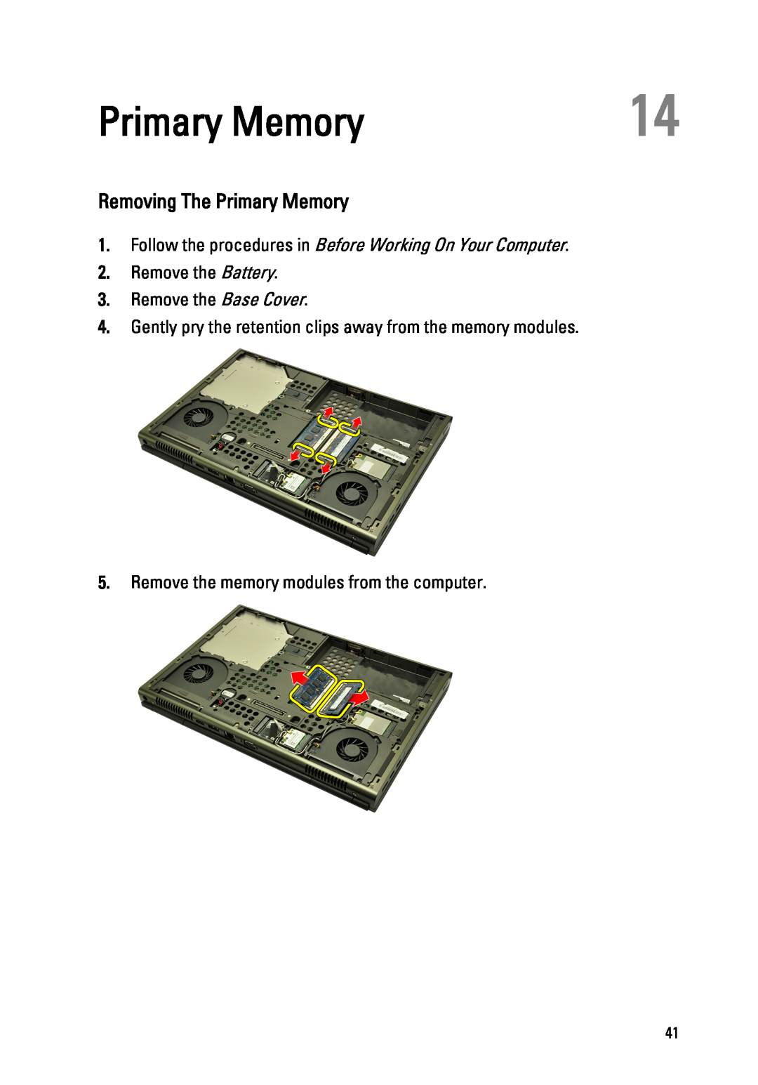 Dell M4600 owner manual Removing The Primary Memory, Gently pry the retention clips away from the memory modules 