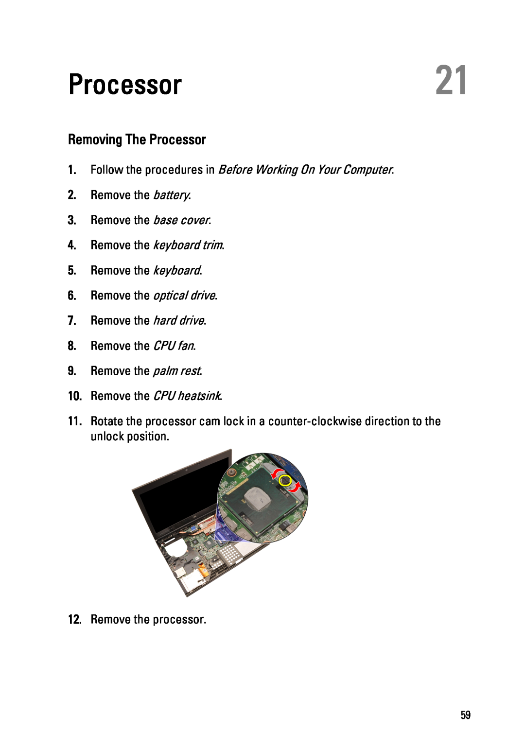Dell M4600 owner manual Processor21, Removing The Processor, Follow the procedures in Before Working On Your Computer 