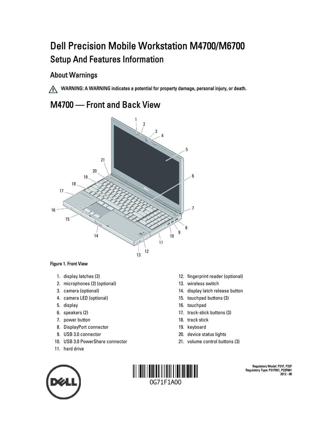 Dell manual Setup And Features Information, M4700 Front and Back View 