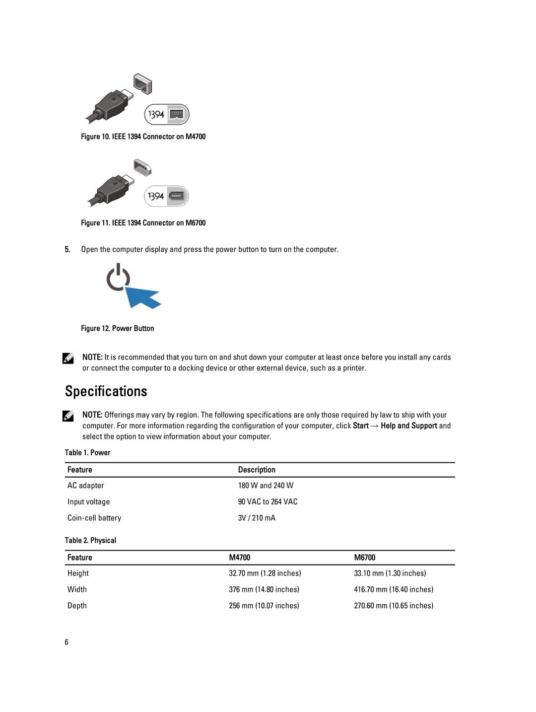 Dell manual Specifications, Feature M4700 M6700 