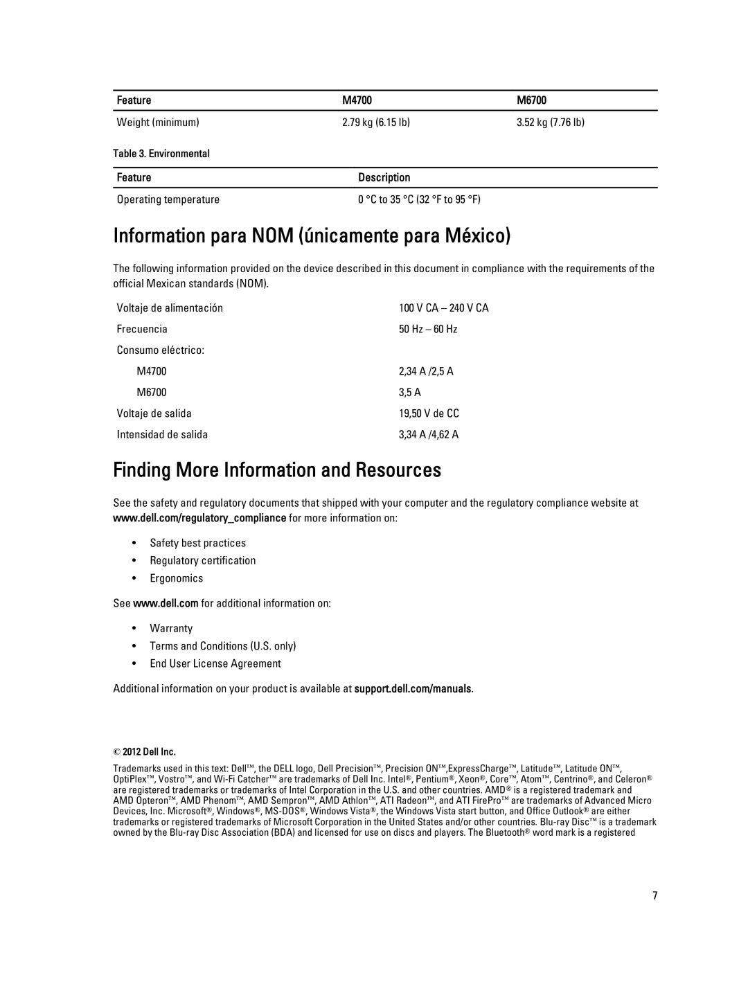 Dell M4700 manual Information para NOM únicamente para México, Finding More Information and Resources 