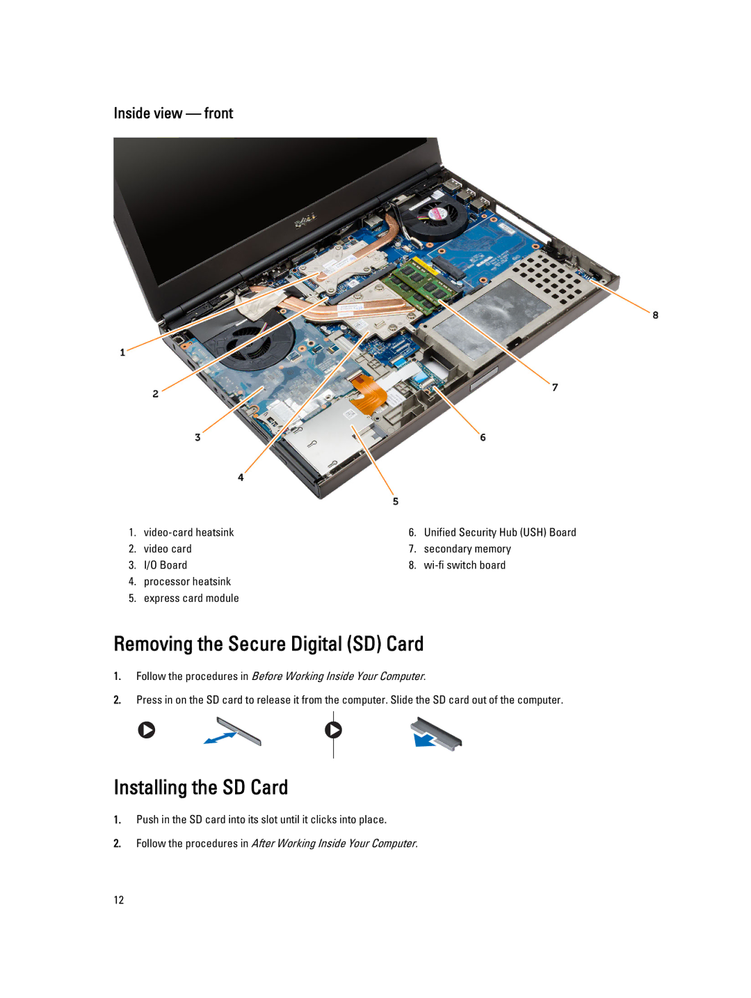 Dell M4800 owner manual Removing the Secure Digital SD Card, Installing the SD Card 