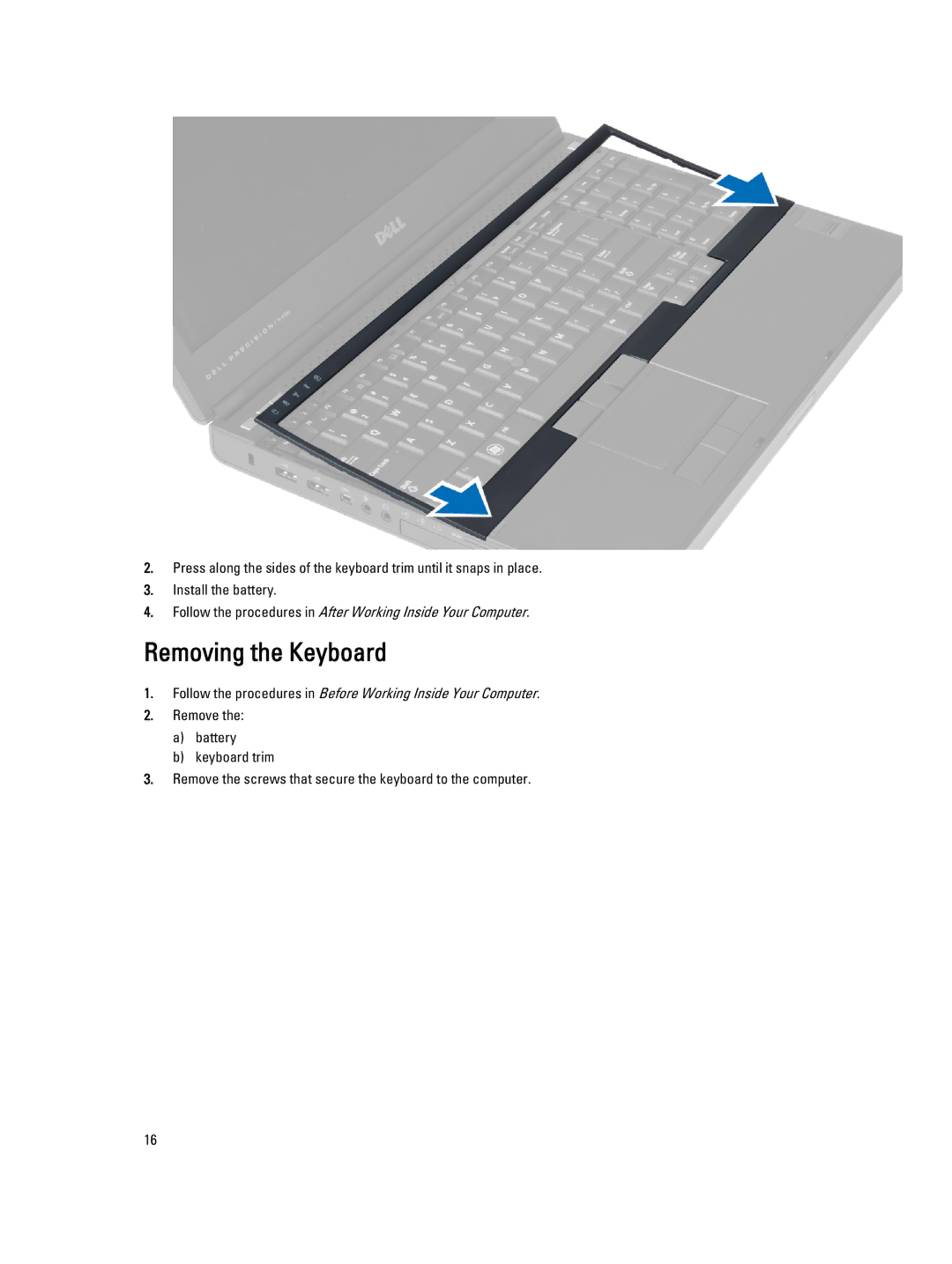 Dell M4800 owner manual Removing the Keyboard 