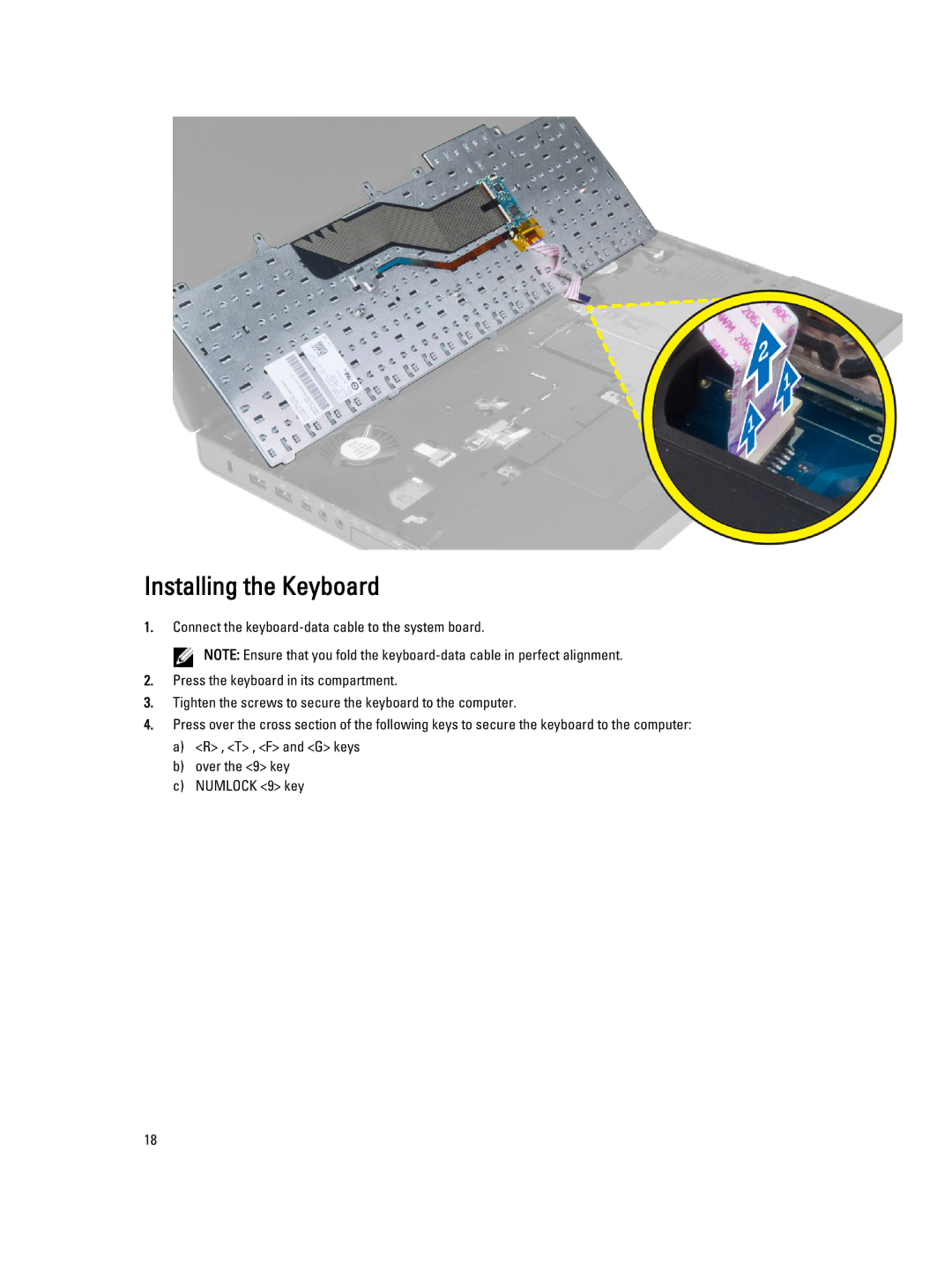 Dell M4800 owner manual Installing the Keyboard 