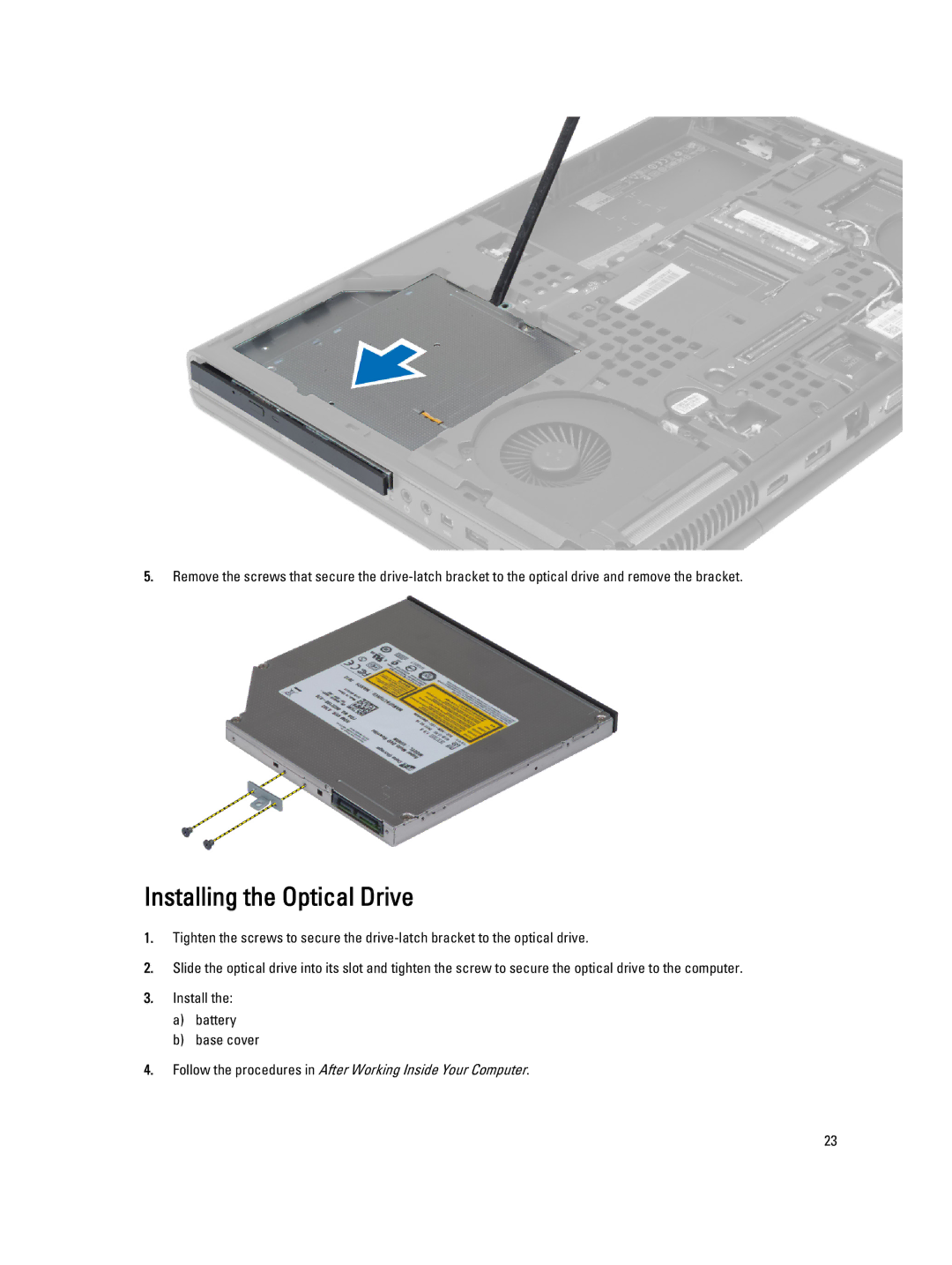 Dell M4800 owner manual Installing the Optical Drive 