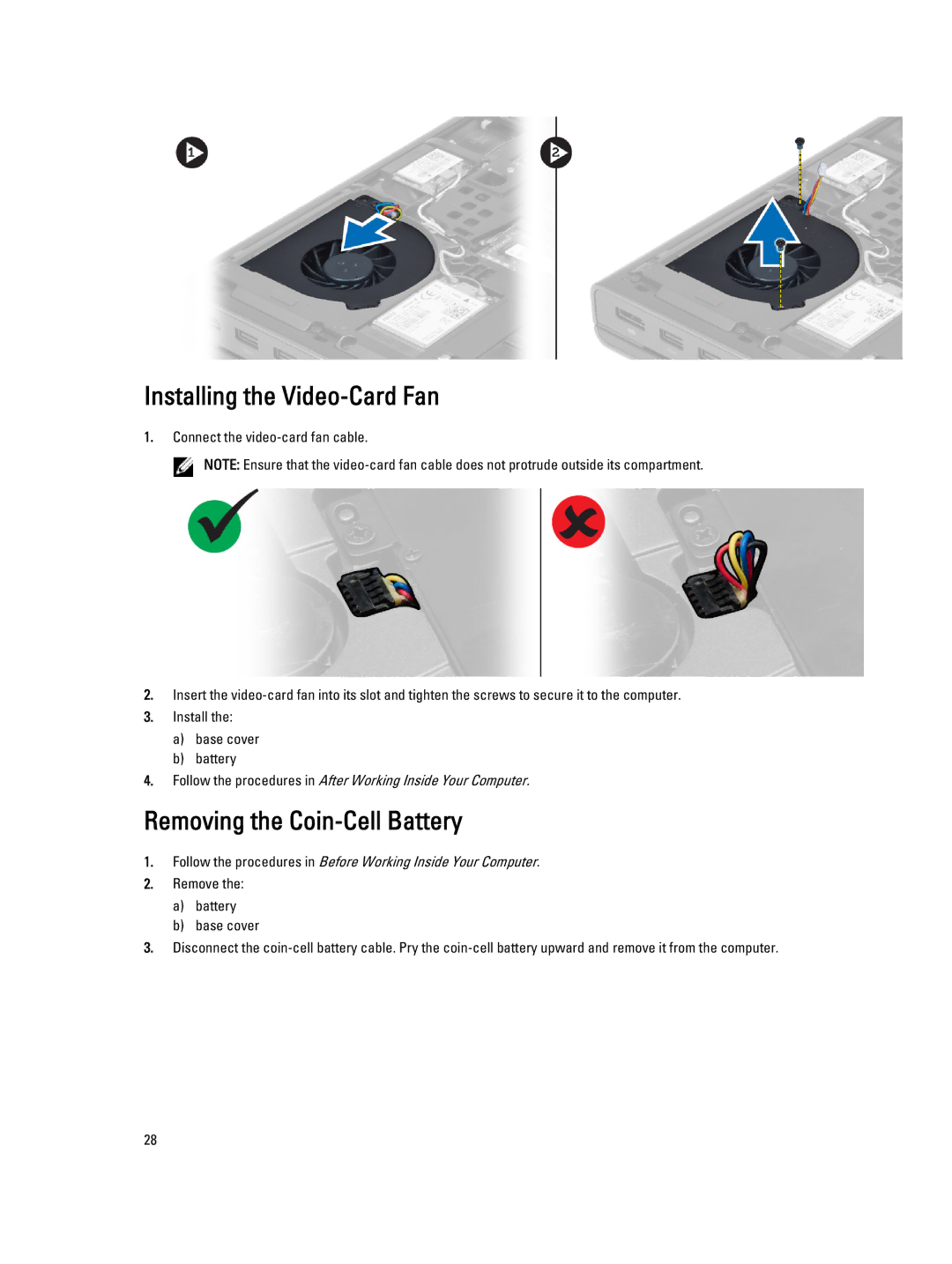 Dell M4800 owner manual Installing the Video-Card Fan, Removing the Coin-Cell Battery 