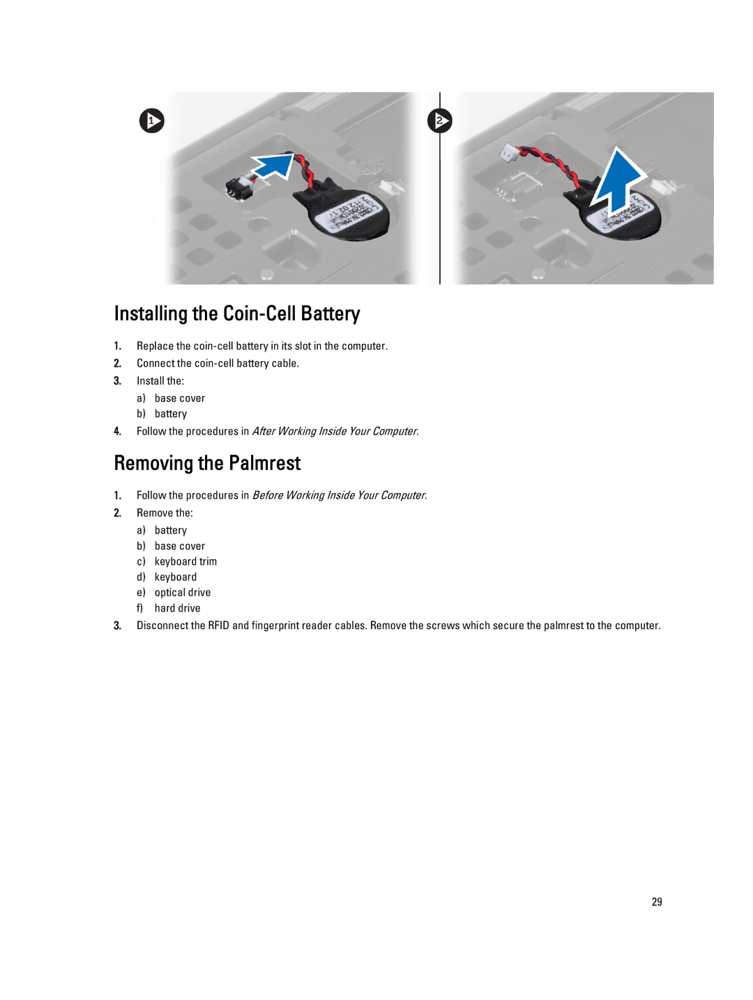 Dell M4800 owner manual Installing the Coin-Cell Battery, Removing the Palmrest 