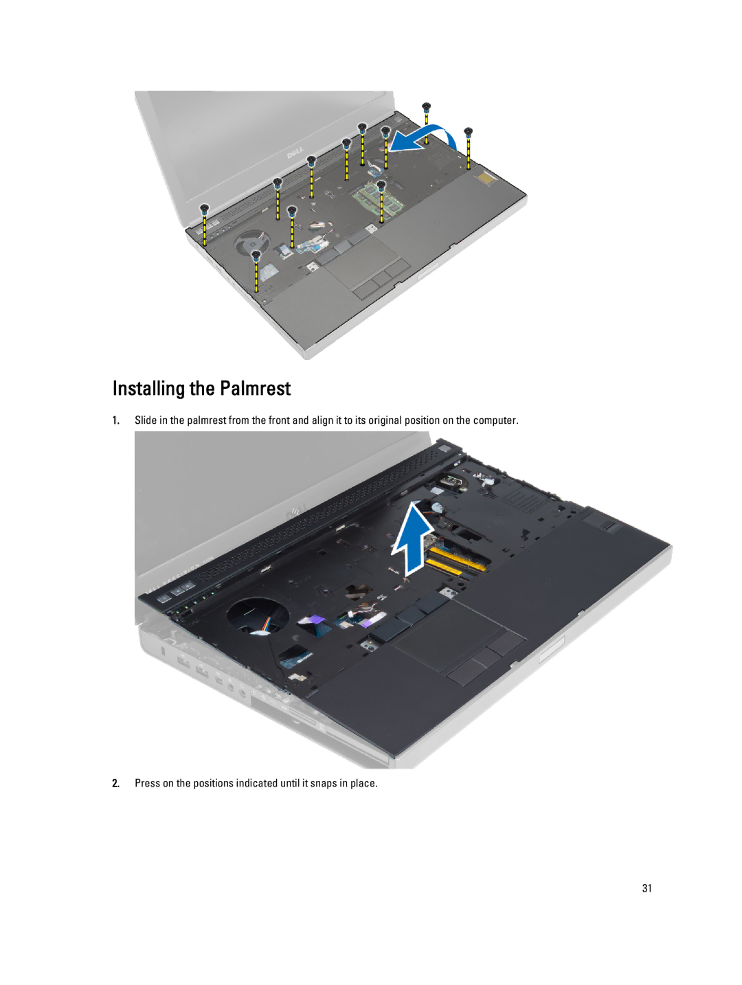 Dell M4800 owner manual Installing the Palmrest 