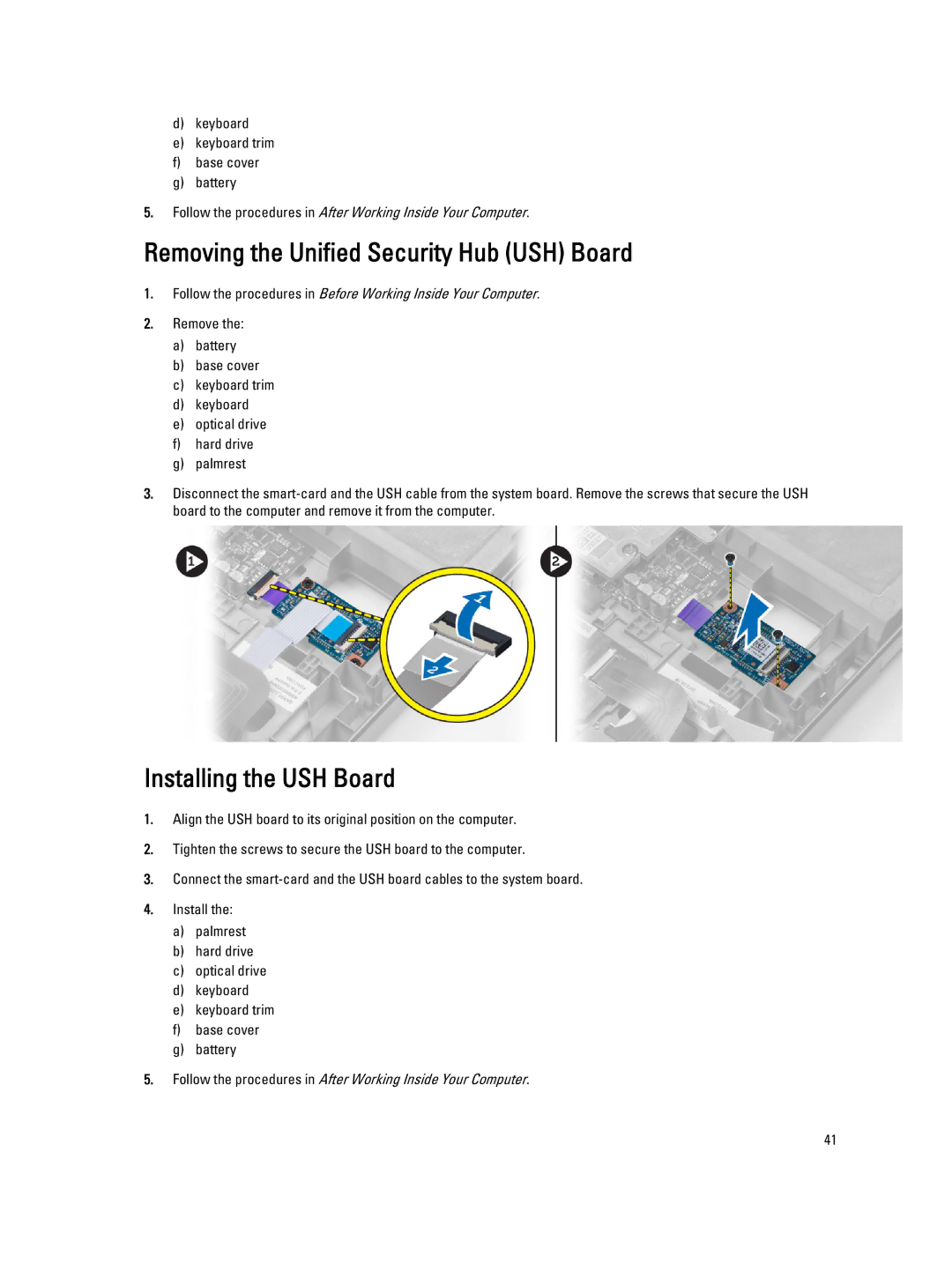 Dell M4800 owner manual Removing the Unified Security Hub USH Board, Installing the USH Board 