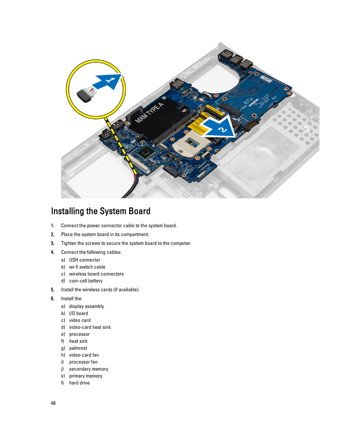 Dell M4800 owner manual Installing the System Board 