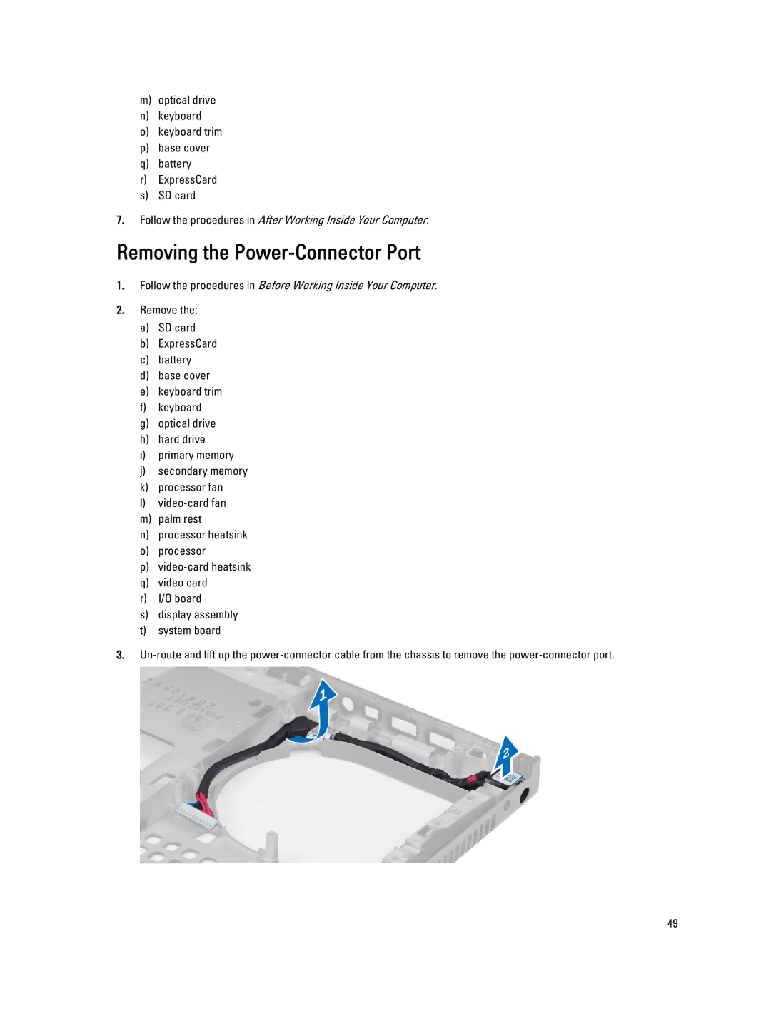 Dell M4800 owner manual Removing the Power-Connector Port 