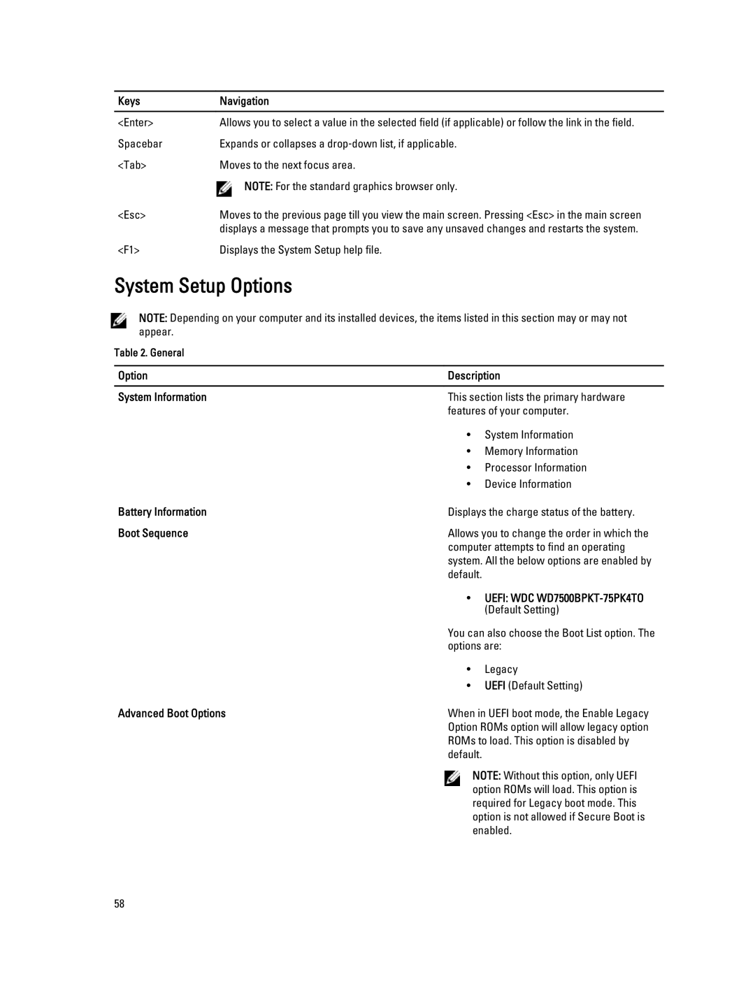 Dell M4800 owner manual System Setup Options, Option Description System Information, Battery Information, Boot Sequence 