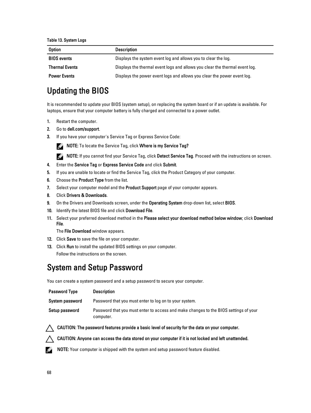 Dell M4800 owner manual Updating the Bios, System and Setup Password, Click Drivers & Downloads, Computer 