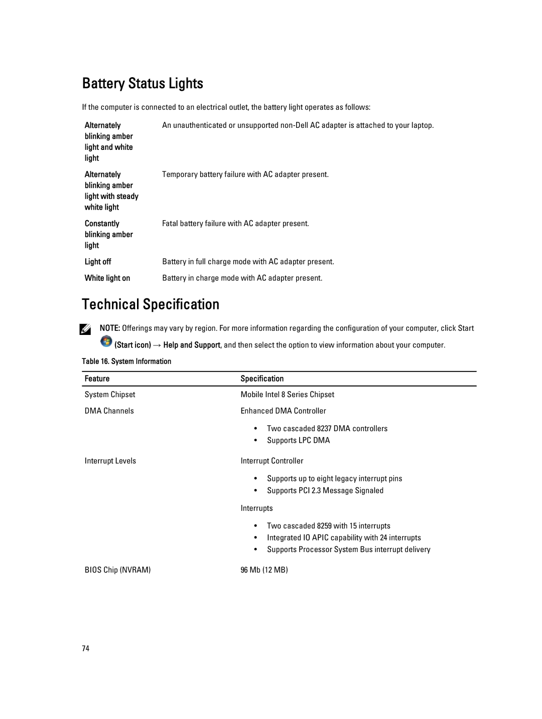 Dell M4800 owner manual Battery Status Lights, Technical Specification, Alternately, Feature Specification 