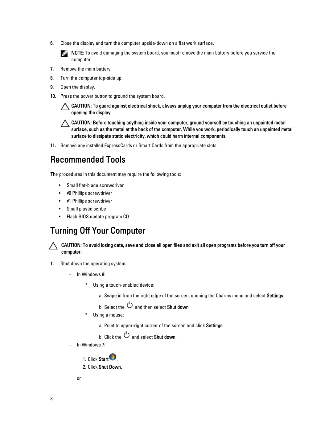 Dell M4800 owner manual Recommended Tools, Turning Off Your Computer, Click Shut Down 