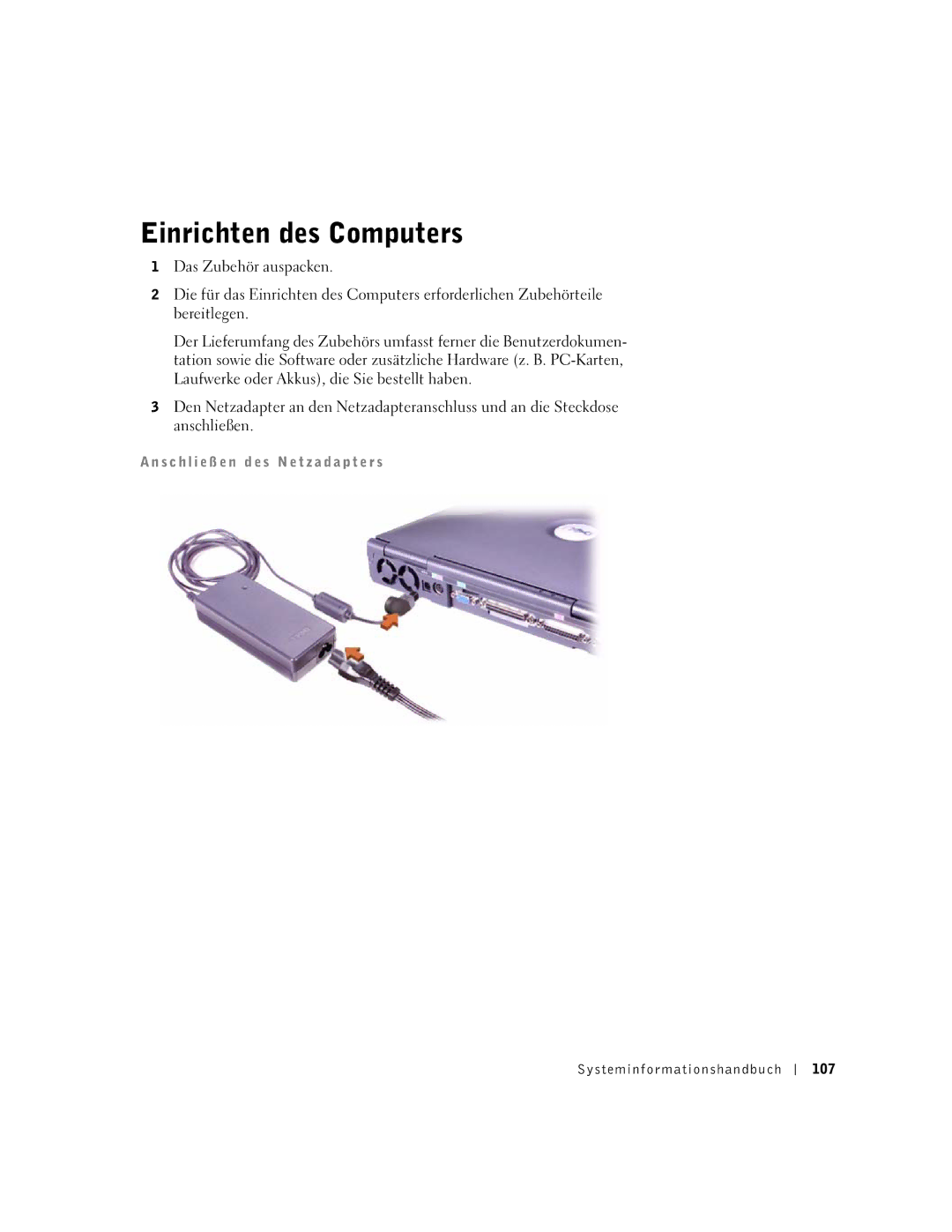 Dell M50 manual Einrichten des Computers, Systeminfor mationshandbuch 107 