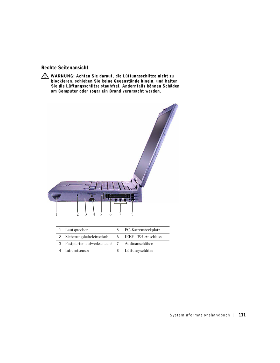 Dell M50 manual Rechte Seitenansicht, Systeminfor mationshandbuch 111 