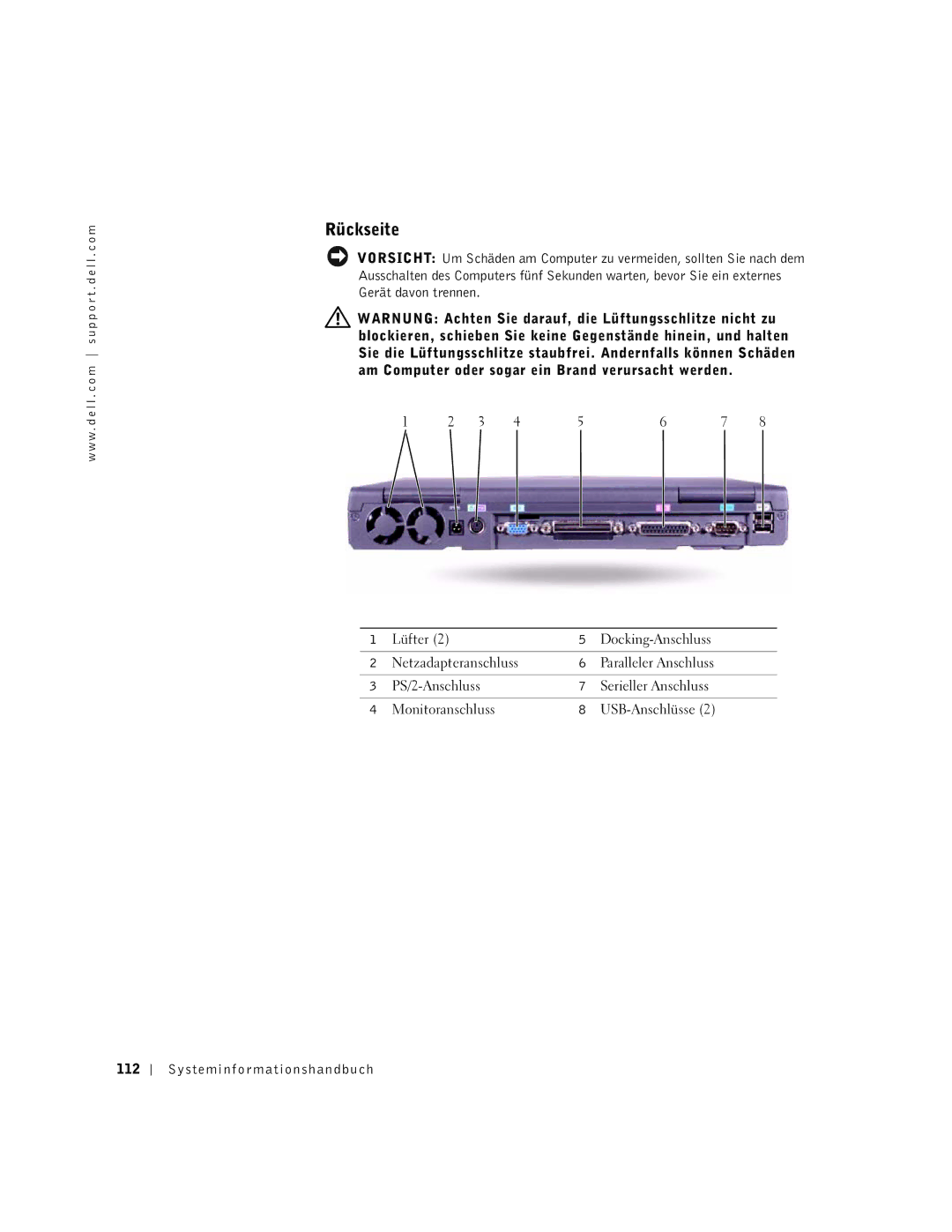 Dell M50 manual Rückseite, Systeminfor mationshandbuch 