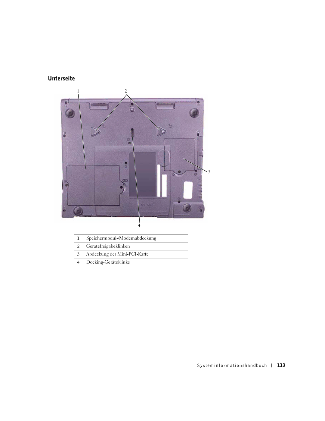 Dell M50 manual Unterseite, Systeminfor mationshandbuch 113 