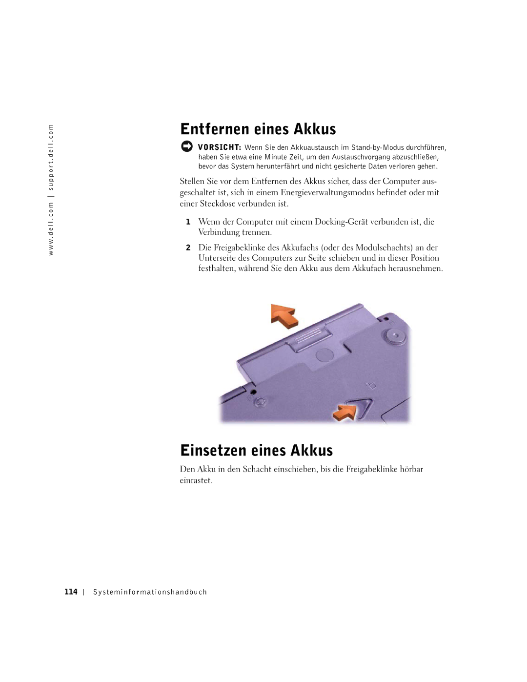 Dell M50 manual Entfernen eines Akkus, Einsetzen eines Akkus, Systeminfor mationshandbuch 