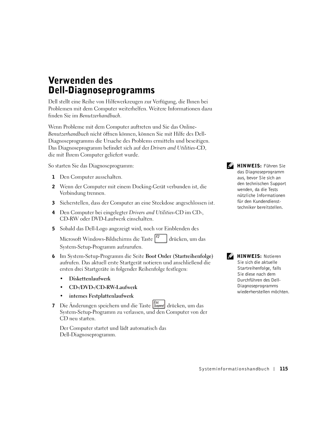 Dell M50 manual Verwenden des Dell-Diagnoseprogramms, Systeminfor mationshandbuch 115 