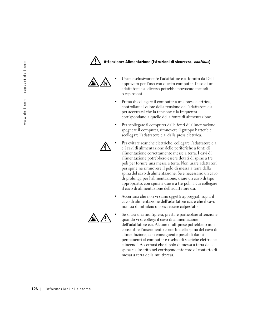 Dell M50 manual Attenzione Alimentazione Istruzioni di sicurezza, continua, Informazioni di sistema 