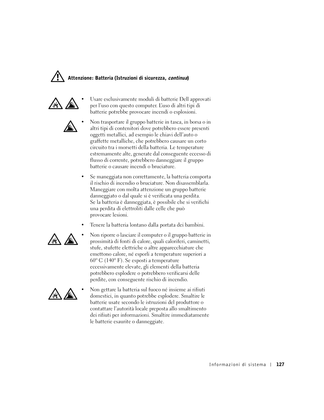 Dell M50 manual Attenzione Batteria Istruzioni di sicurezza, continua, Informazioni di sistema 127 