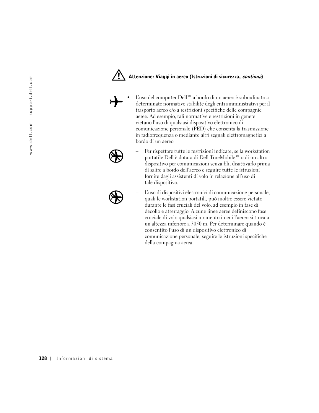 Dell M50 manual Attenzione Viaggi in aereo Istruzioni di sicurezza, continua 