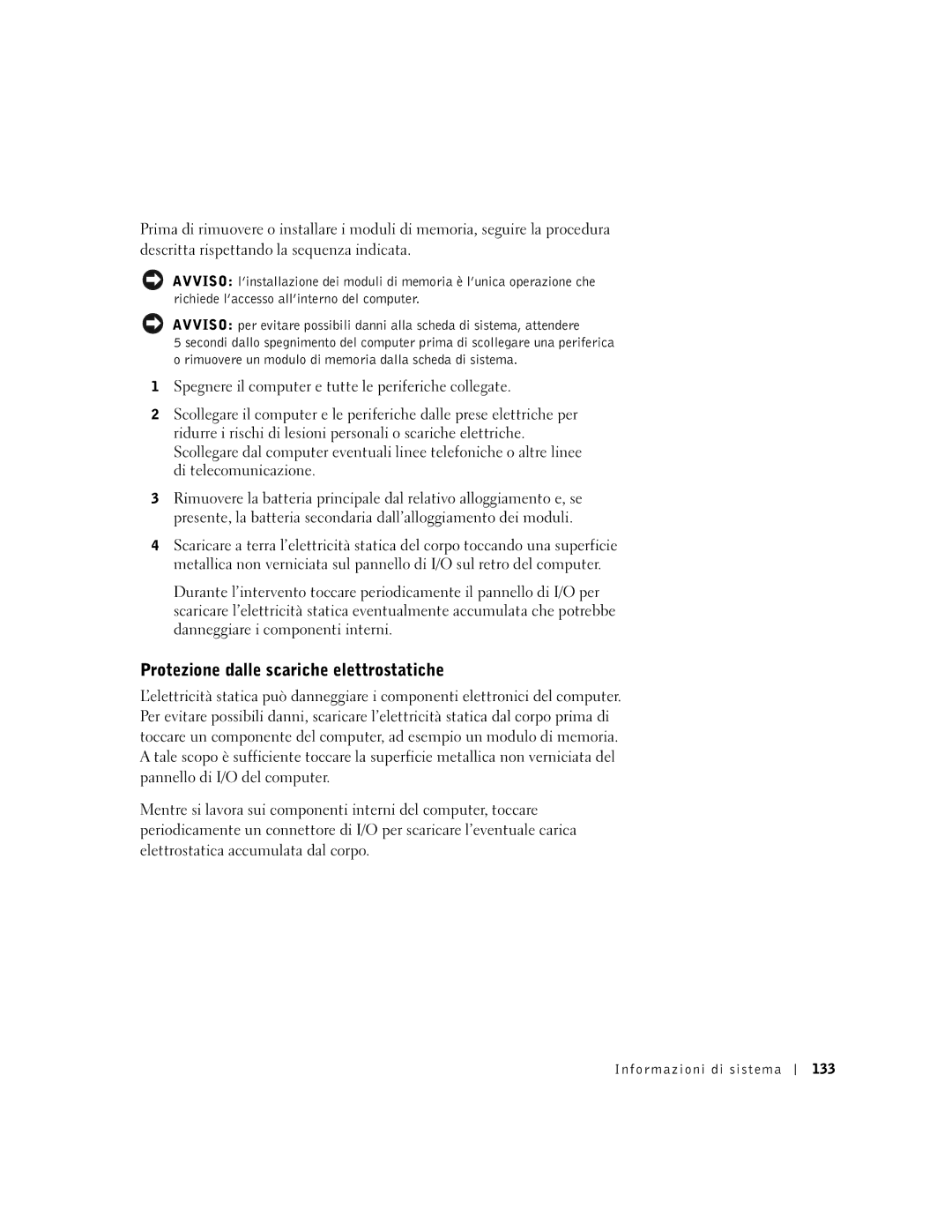 Dell M50 manual Protezione dalle scariche elettrostatiche, Informazioni di sistema 133 