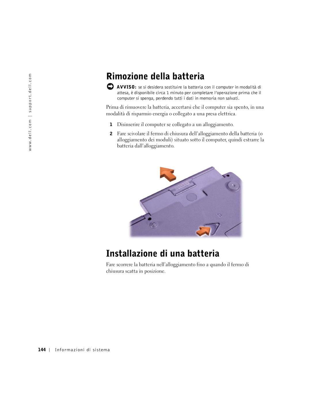 Dell M50 manual Rimozione della batteria, Installazione di una batteria, Informazioni di sistema 