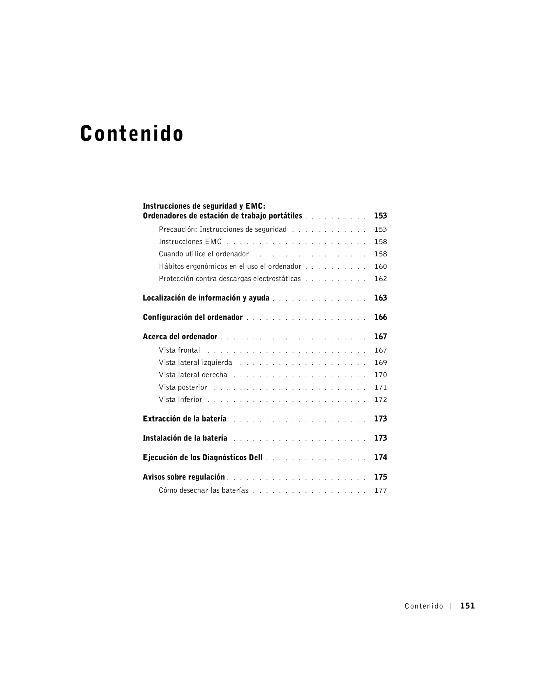 Dell M50 manual 158, 166, 167, 169, 170, 171, 172, 173, Ejecución de los Diagnósticos Dell 174, 175, 177, Contenido 151 