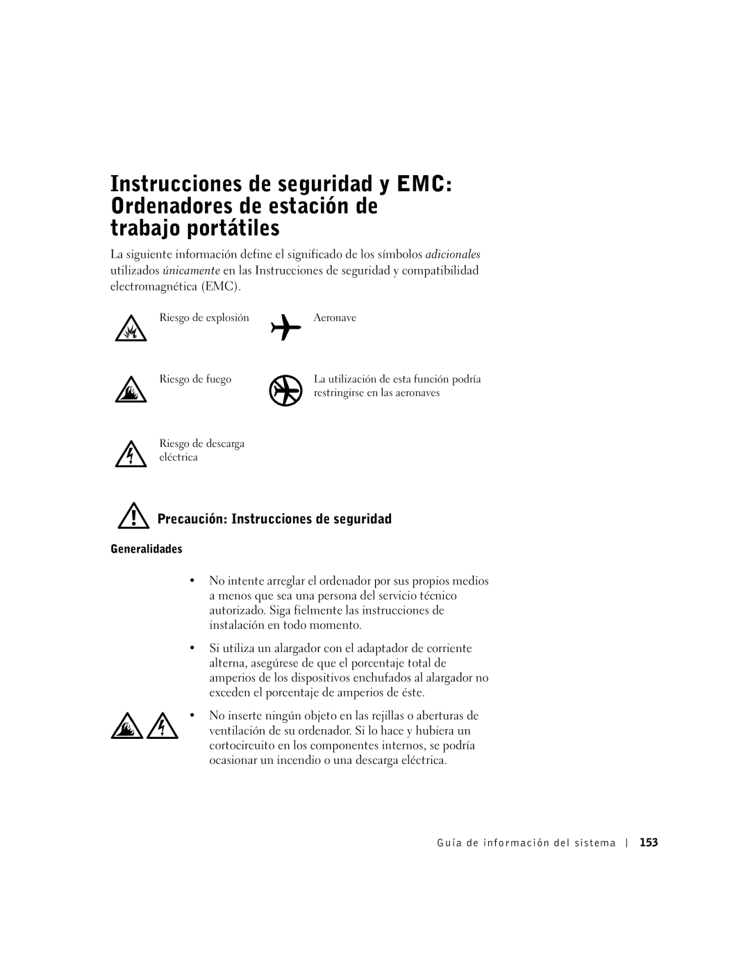 Dell M50 manual Precaución Instrucciones de seguridad, Generalidades, Guía de información del sistema 153 