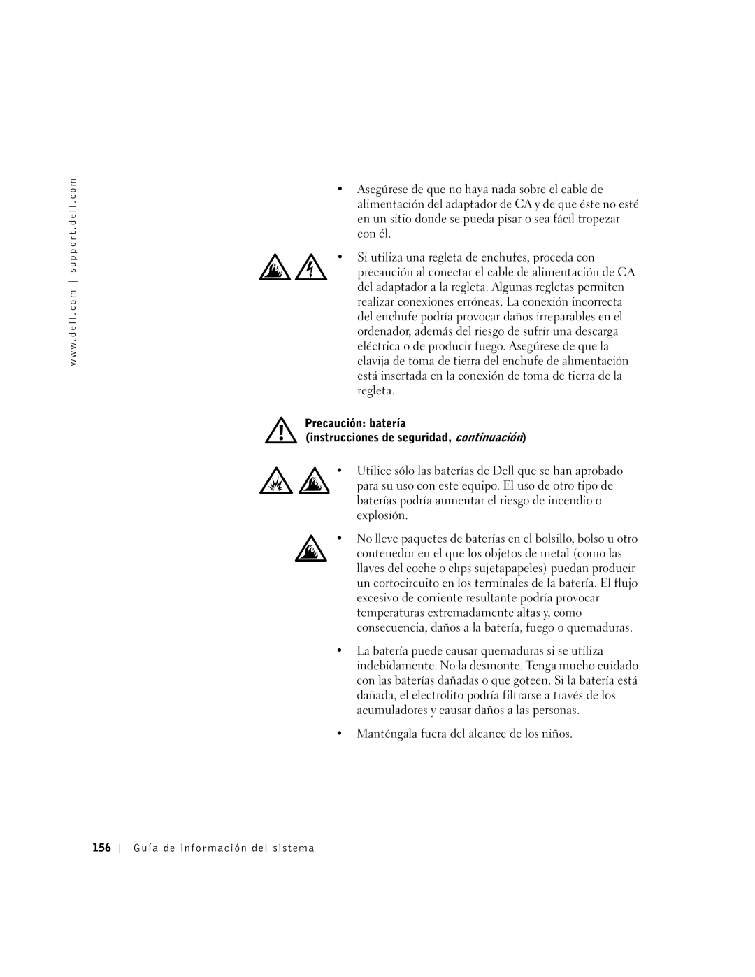 Dell M50 manual Precaución batería Instrucciones de seguridad, continuación, 156 Guía de información del sistema 