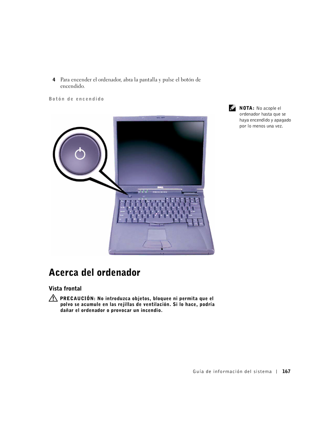 Dell M50 manual Acerca del ordenador, Vista frontal 