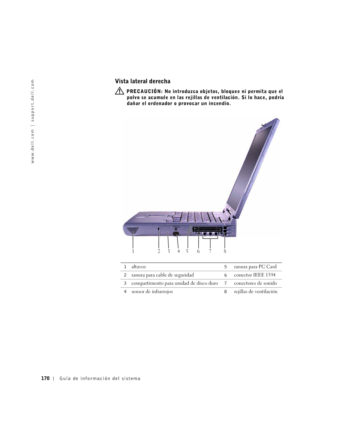 Dell M50 manual Vista lateral derecha, 170 Guía de información del sistema 