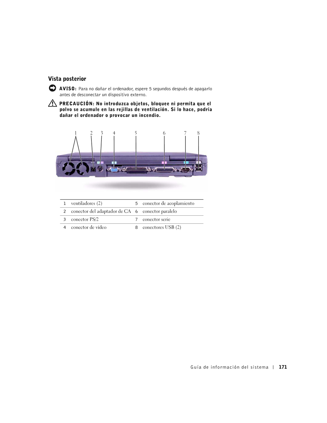 Dell M50 manual Vista posterior, Guía de información del sistema 171 