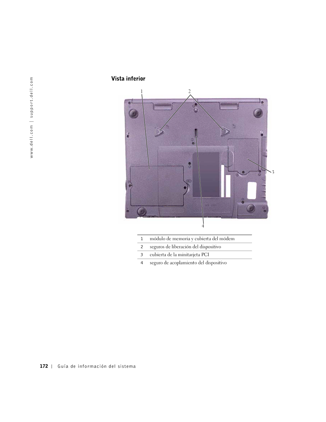 Dell M50 manual Vista inferior, 172 Guía de información del sistema 