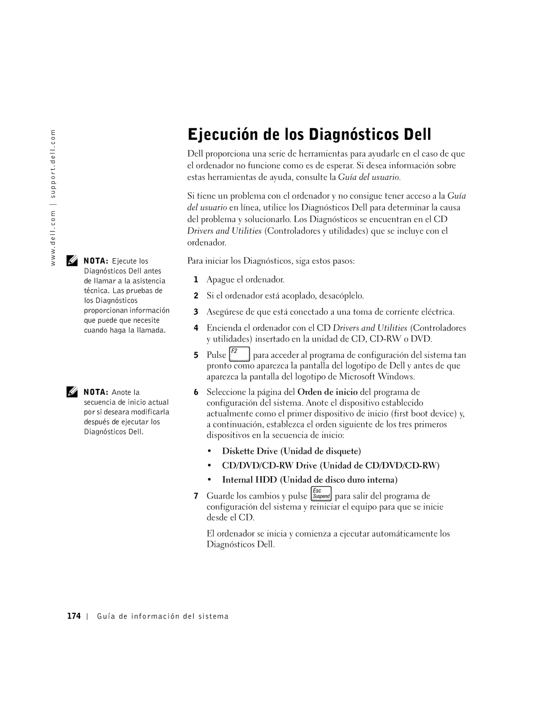 Dell M50 manual Ejecución de los Diagnósticos Dell, 174 Guía de información del sistema 