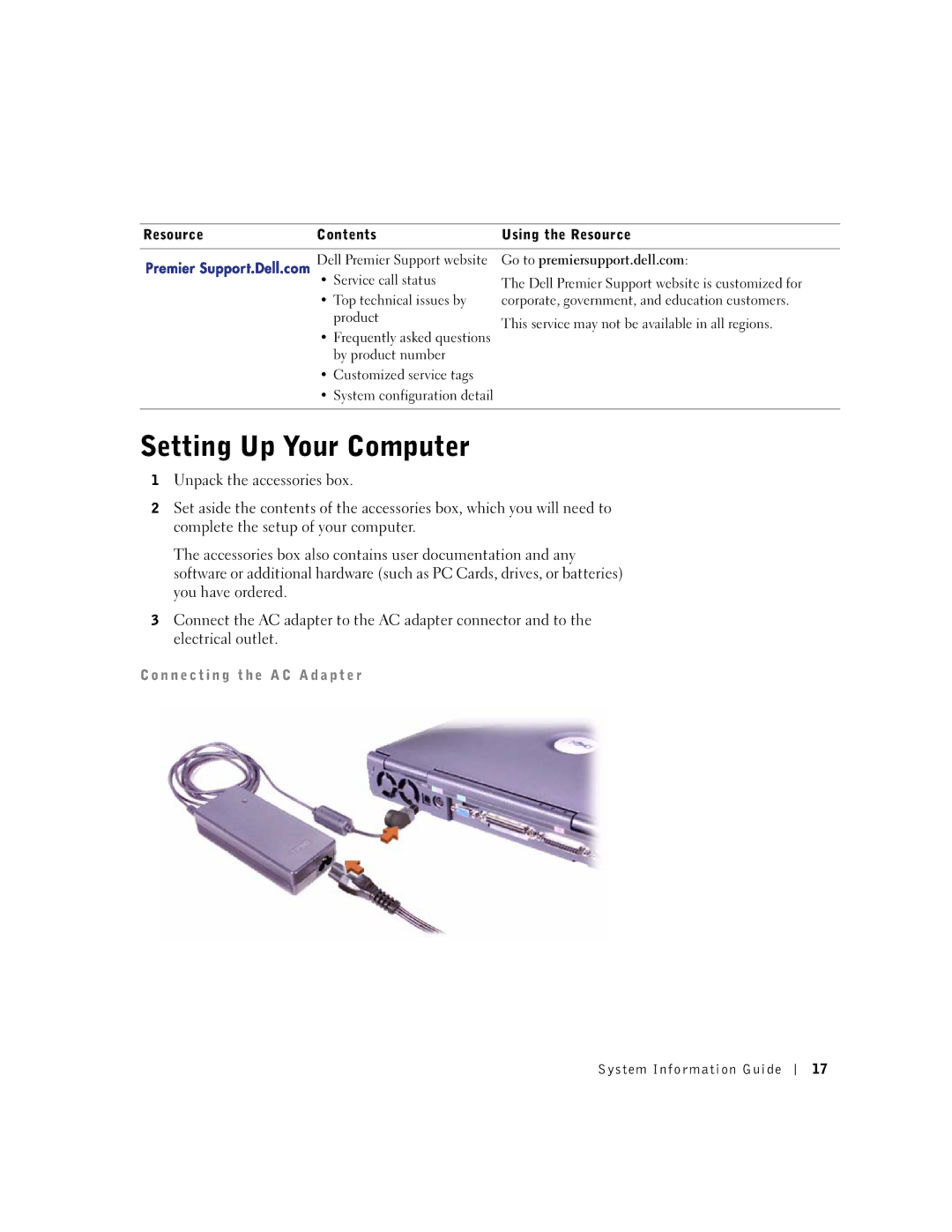 Dell M50 manual Setting Up Your Computer, Go to premiersupport.dell.com 