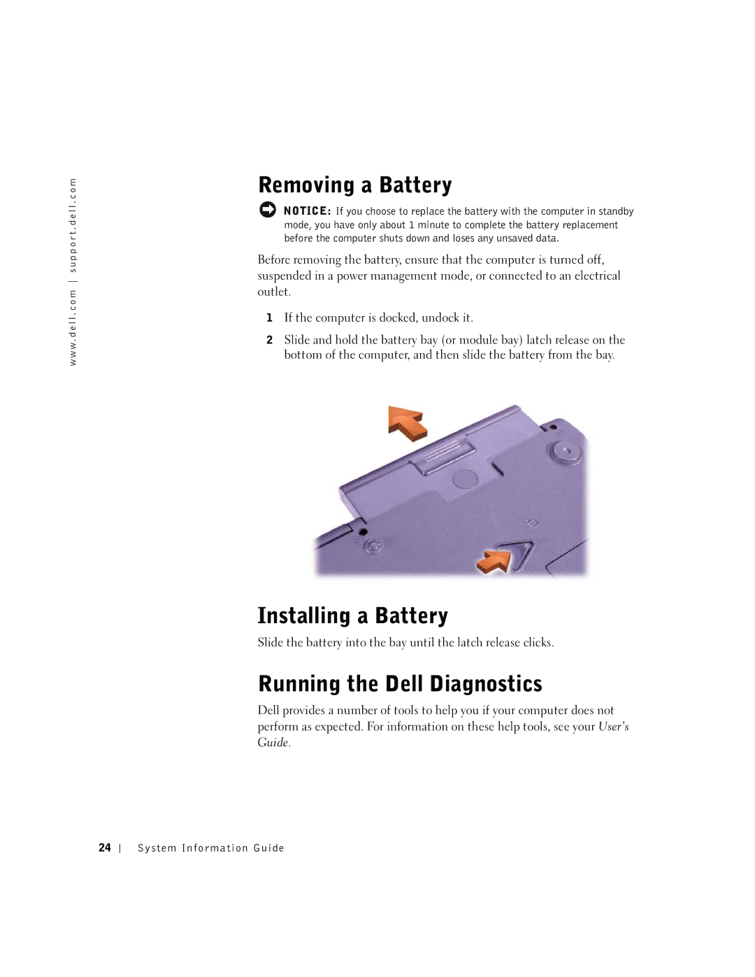 Dell M50 manual Removing a Battery, Installing a Battery, Running the Dell Diagnostics, Guide 