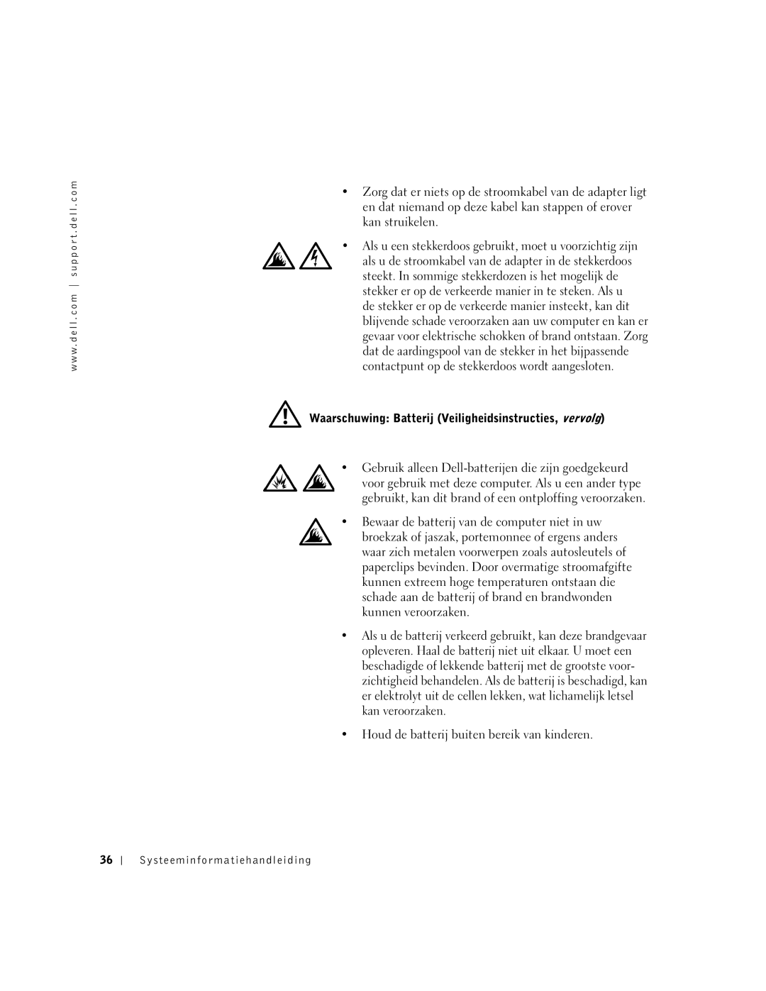 Dell M50 manual Waarschuwing Batterij Veiligheidsinstructies, vervolg, Houd de batterij buiten bereik van kinderen 